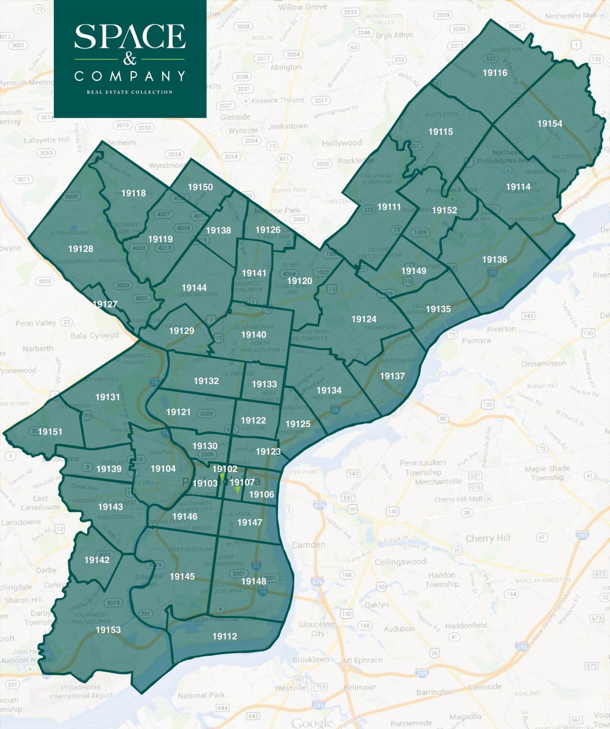 Karte von Philadelphia Stadtteile und Postleitzahlen